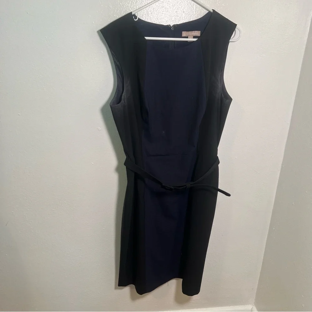 Banana Republic Womens Size 14 Wool Colorblock Sheath Dress Navy Blue Black Belt